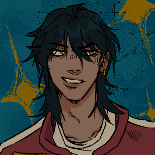 Humano Desenho de um humano, com cabelos escuros bagunçados, franja e de cuprimento até a base do pescoço. Olhos amarelos e camiseta branca com uma jaqueta vermelha com uma listra branca por cima. O personagem está sorrindo de lado, sarcástico.