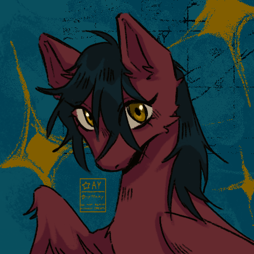 Pônei Desenho de um pônei vermelho, com cabelo ciano escuro e olhos amarelos, num fundo azul com estrelas amarelas.
